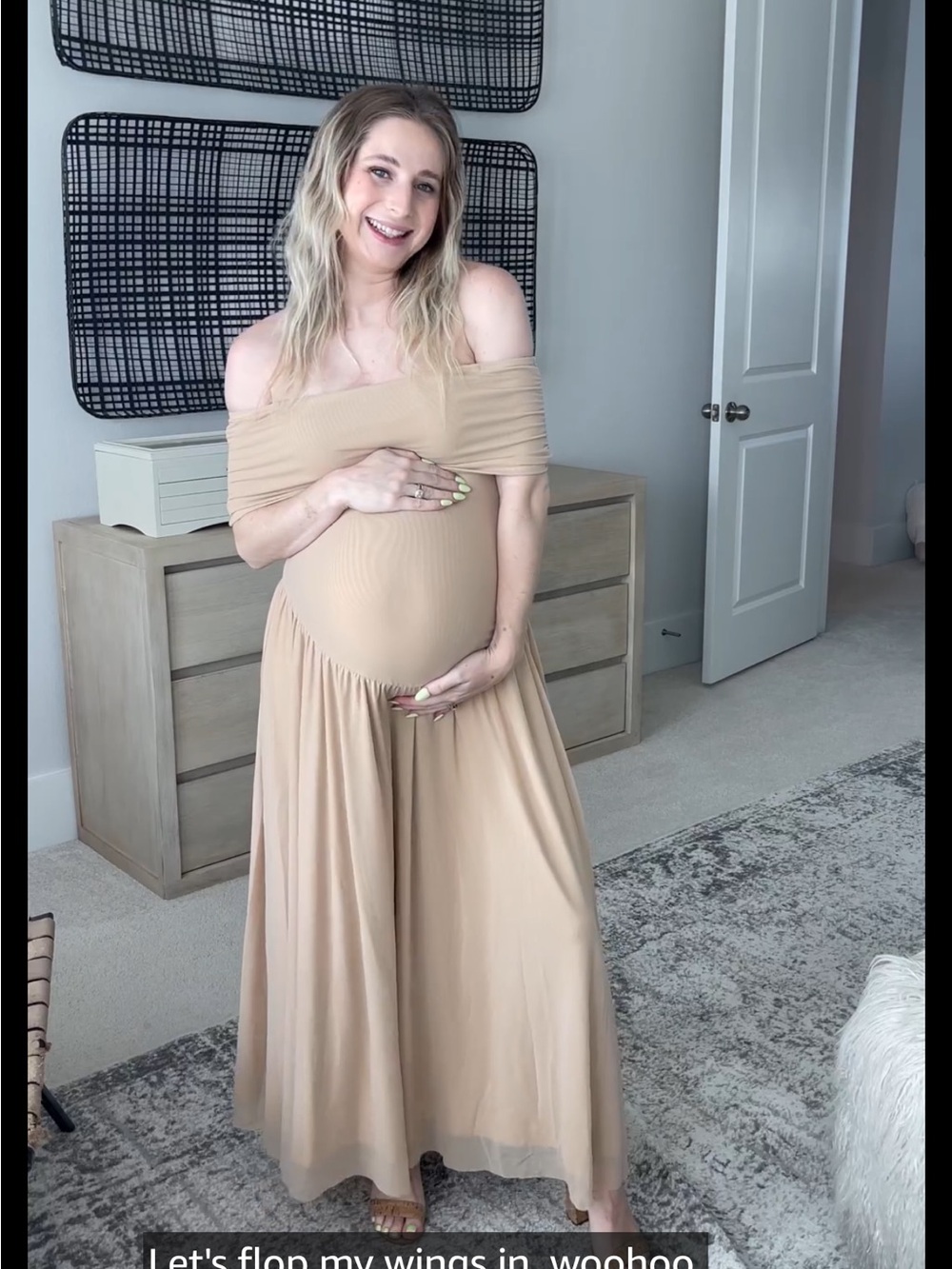Off-Shoulder Maternity Maxi Dress in Beige